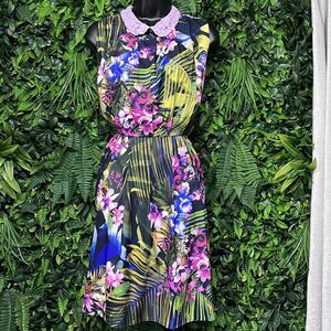 AMELIA NEW YORK Dress Women 10 Blue Floral Lace Collared Neck Sheath Career 2402